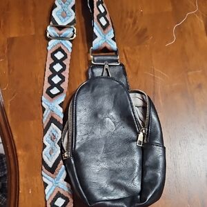 Black Leather Crossbody Bag with Patterned Strap